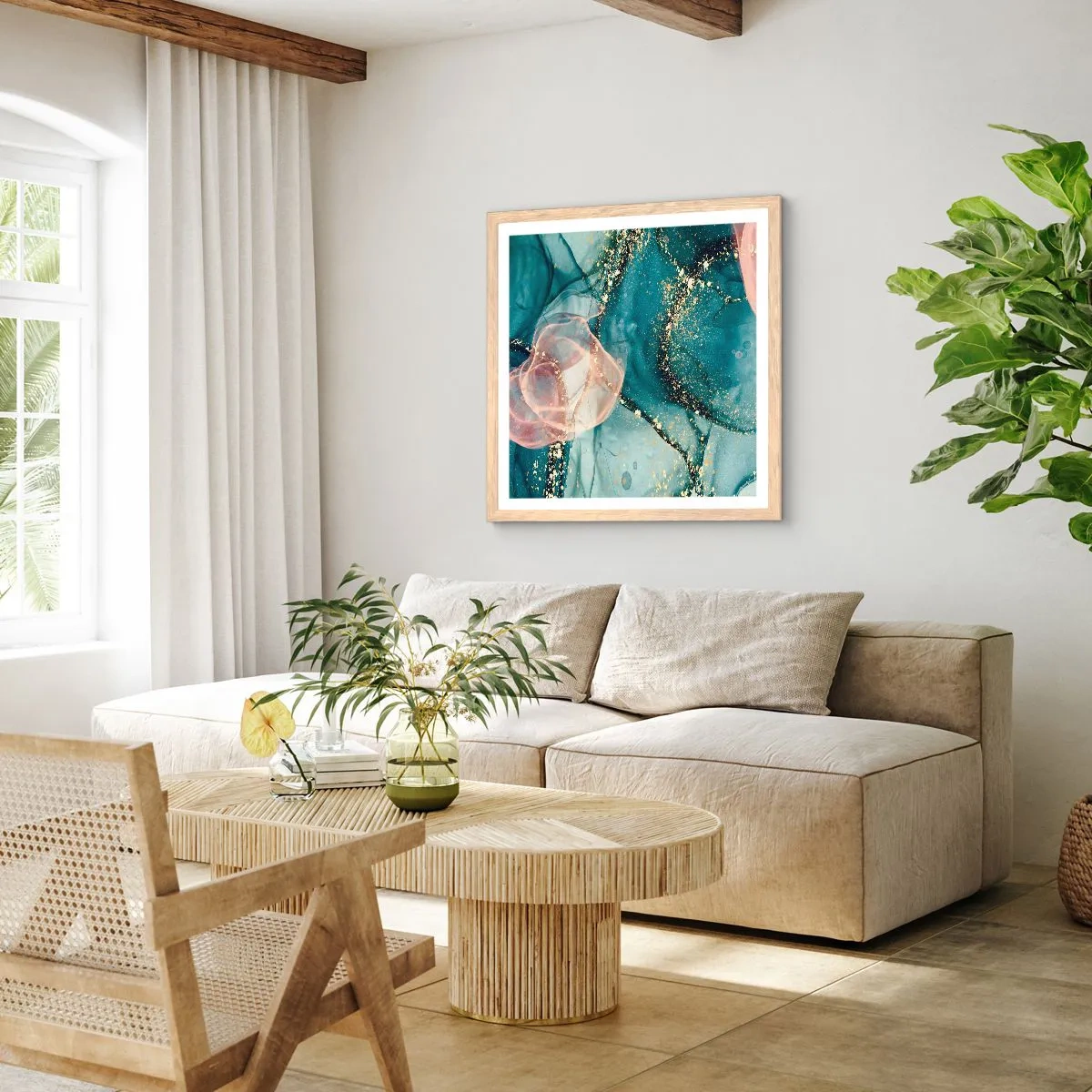 Poster in light oak frame - Silm Blue, Tulle Pink - 60x60 cm