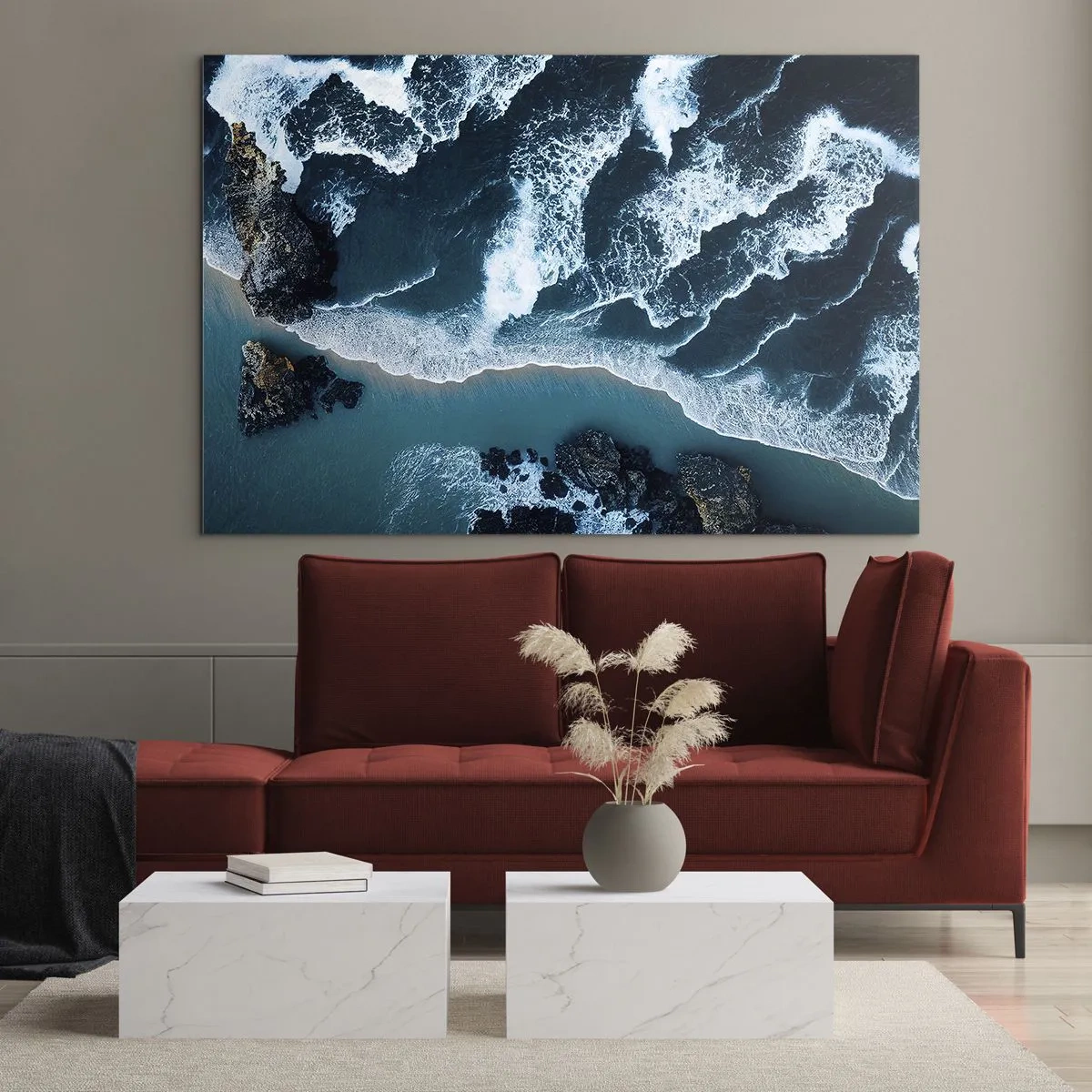Glass picture - Sea waves crashing against the rocky coast - 70x50cm - Envelopped by Waves - Modern wall decoration for the living room and bedroom ARTTOR