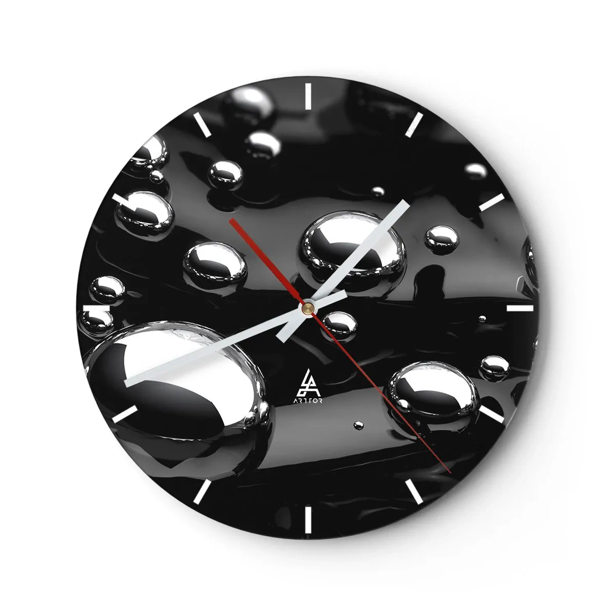 Wall clock - Clock on glass - Black background with shimmering water drops - 30x30cm - From Black Depths - Modern wall decoration for the living room, kitchen, and bedroom ARTTOR