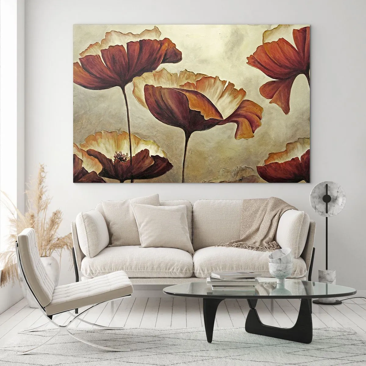Glass picture - Poppy flowers in shades of red and gold on a light background - 70x50cm - Piece of Meadow - Modern wall decoration for the living room and bedroom ARTTOR