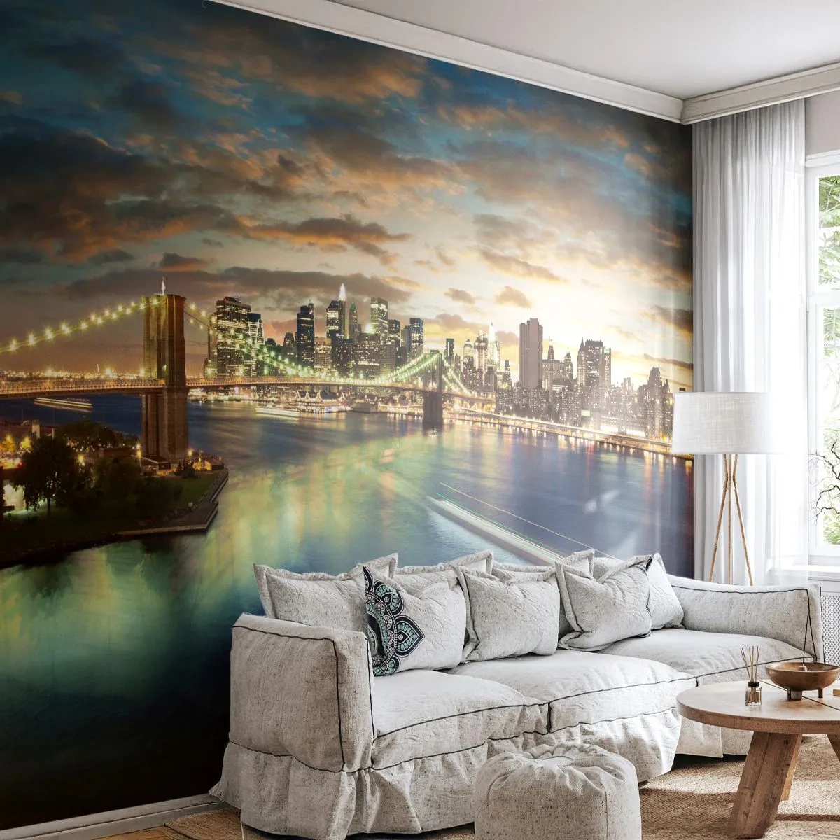 Photo Wallpaper Premium Canvas - Starry Night over Manhattan - City, Bridge, New York - 200x140 cm