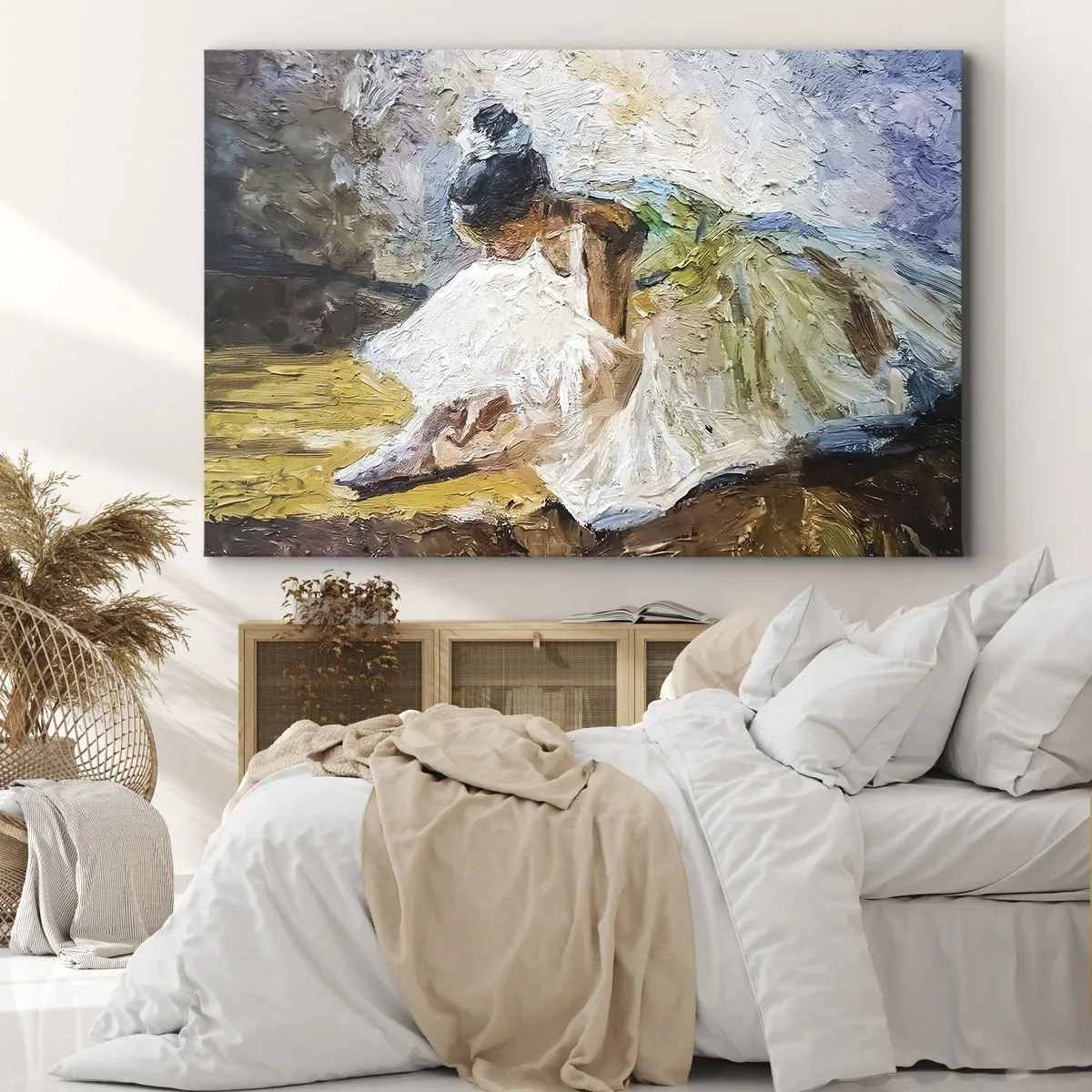 Canvas picture - A ballerina in a white dress in a painterly style against an impressionist background. - 70x50cm - From Degas' Painting - Modern wall decoration for the living room and bedroom ARTTOR