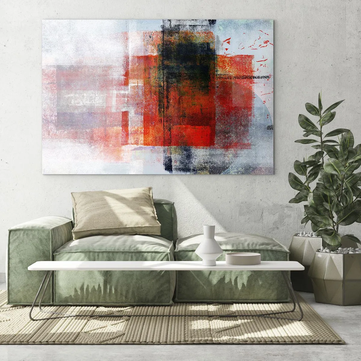 Glass picture - Geometric abstraction in intense shades of red and black. - 70x50cm - Glowing Composition - Modern wall decoration for the living room and bedroom ARTTOR