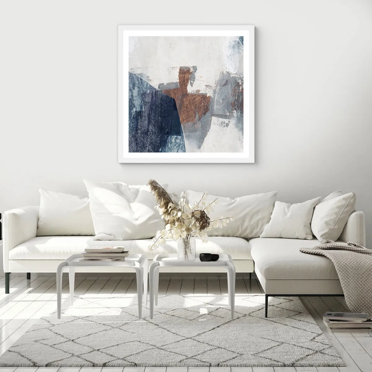 Poster in white frmae - Blue and Brown Shapes - 30x30 cm