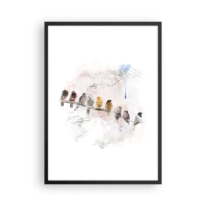 Poster in black frame - Birds sitting on a branch in a watercolor style - 50x70cm - Winged Encounter - Modern wall decoration for the living room and bedroom ARTTOR