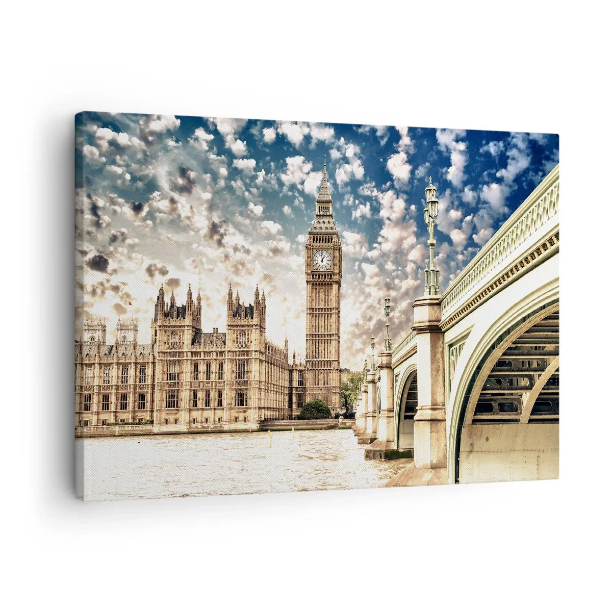 Canvas picture - Big Ben and Westminster Bridge lit by the sun in London - 70x50cm - Clouds over the Thames - Modern wall decoration for the living room and bedroom ARTTOR