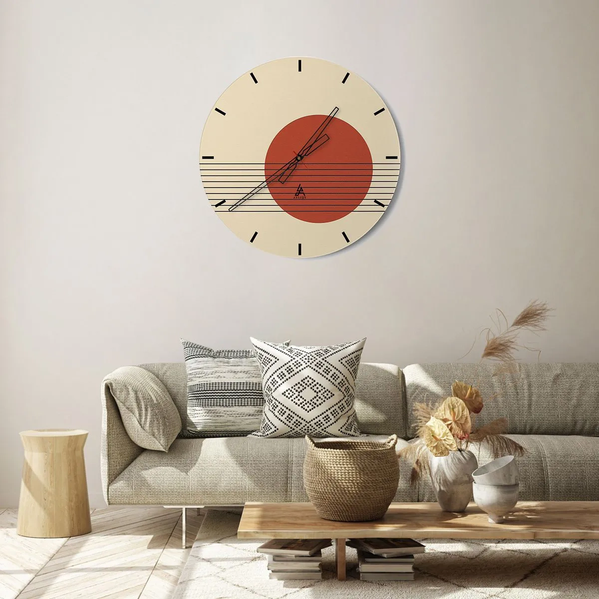 Wall clock - Clock on glass - Geometric motif with an orange circle and black lines - 30x30cm - Around and Beoynd - Modern wall decoration for the living room, kitchen, and bedroom ARTTOR