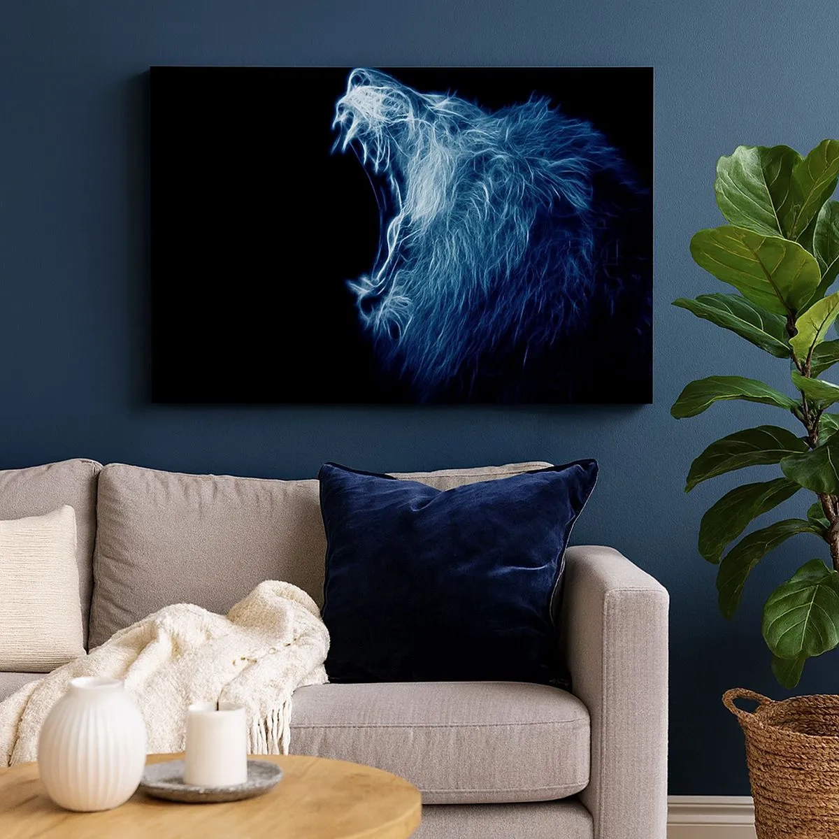 Canvas picture - A striking face of a lion in neon style - 70x50cm - Flaming Rage of a King - Modern wall decoration for the living room and bedroom ARTTOR