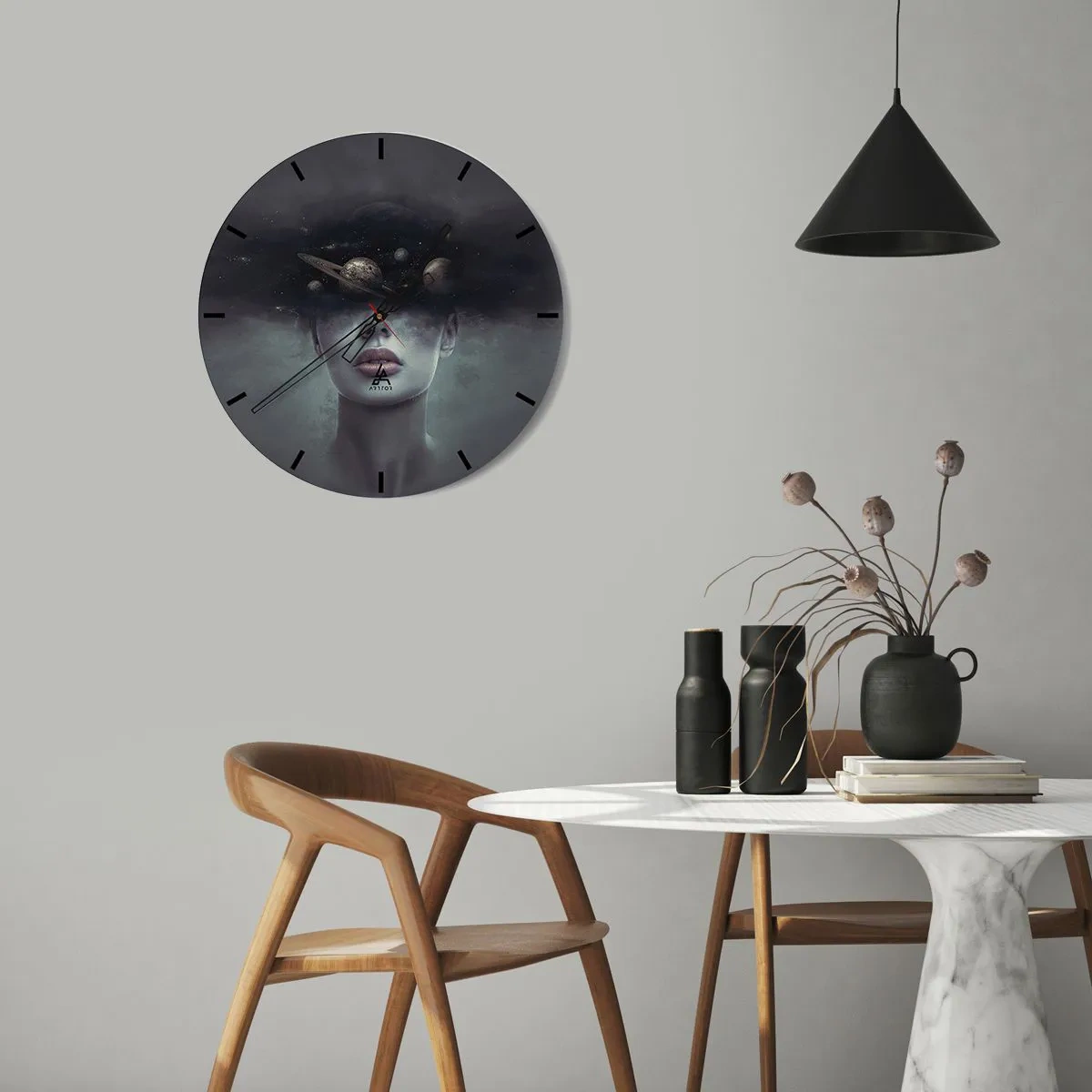Wall clock - Clock on glass - A cosmic composition of planets in a woman's head against a dark background. - 30x30cm - And Planets are Revolving… - Modern wall decoration for the living room, kitchen, and bedroom ARTTOR
