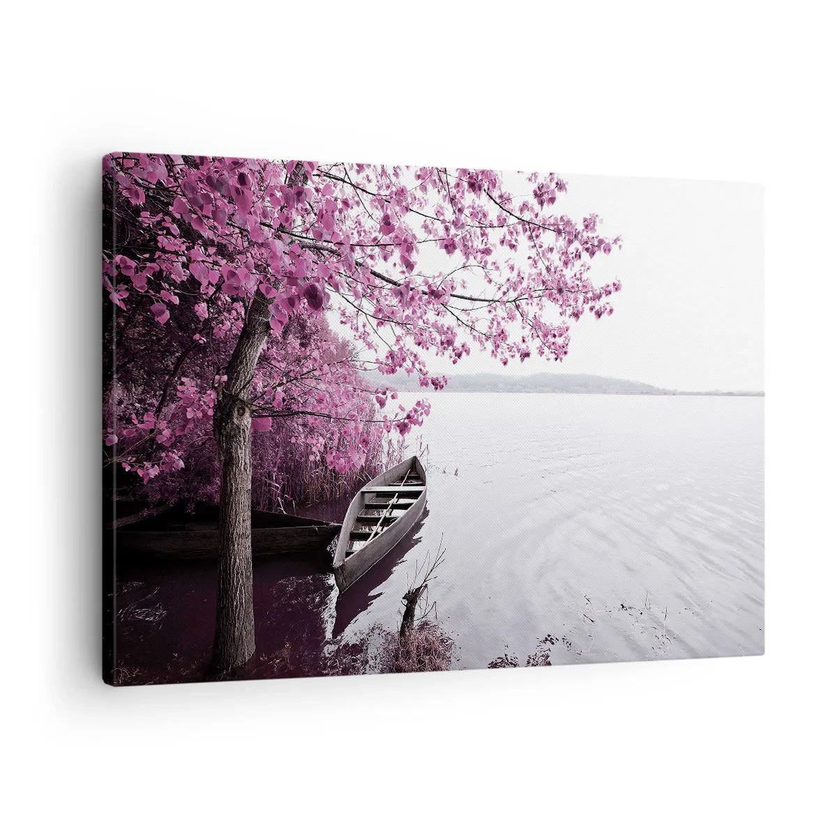 Canvas picture - A boat at the shore of a lake among pink trees - 70x50cm - In Pink Silence - Modern wall decoration for the living room and bedroom ARTTOR