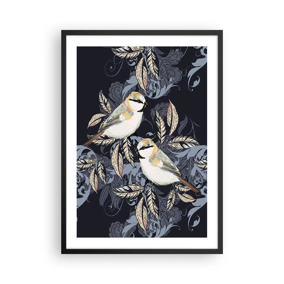 Poster in black frame - Two birds against a background of decorative leaves and ornaments - 50x70cm - Blue and Yellow Chirp - Modern wall decoration for the living room and bedroom ARTTOR