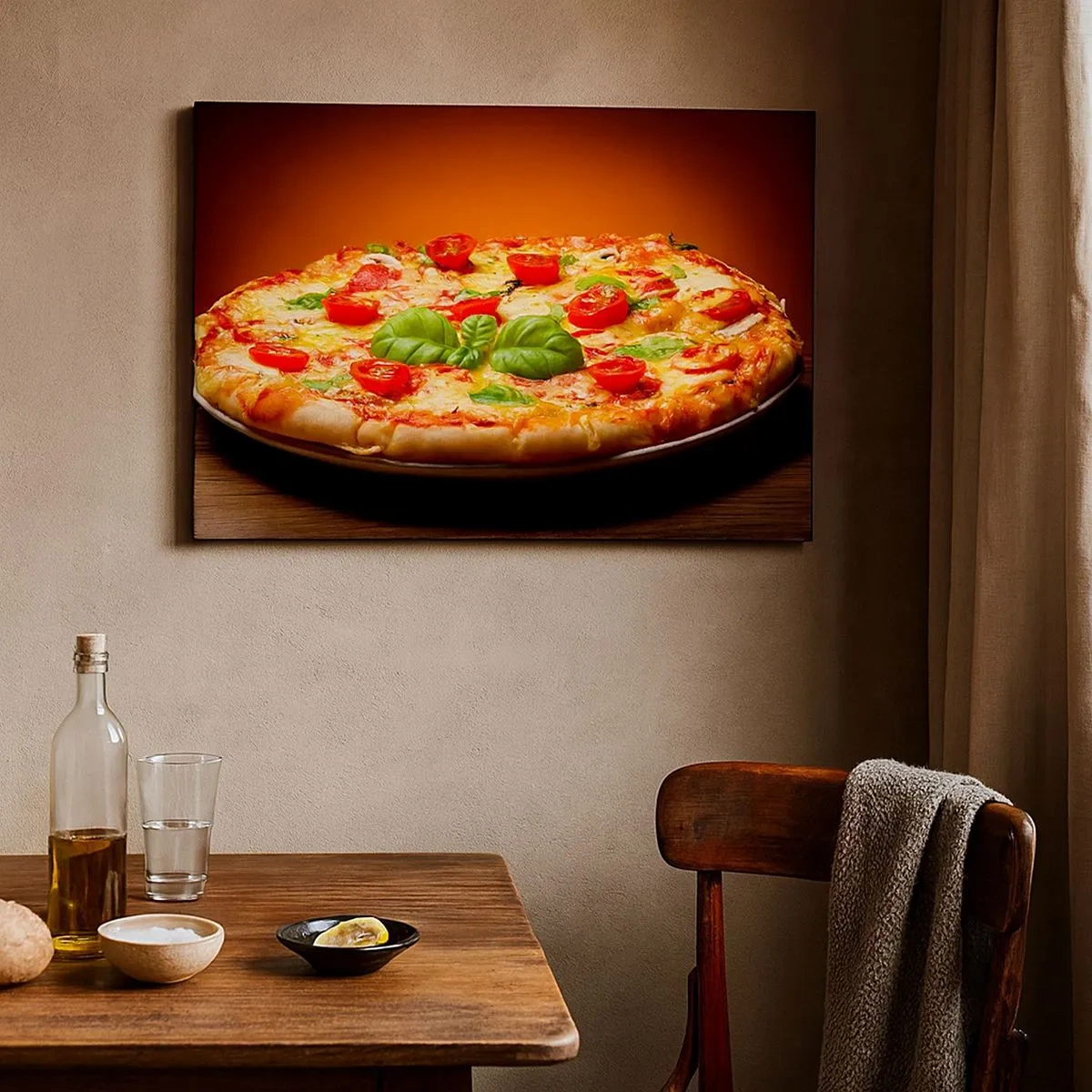 Canvas picture - Pizza with tomatoes and basil on a wooden table - 70x50cm - Mamma Mia! - Modern wall decoration for the living room and bedroom ARTTOR