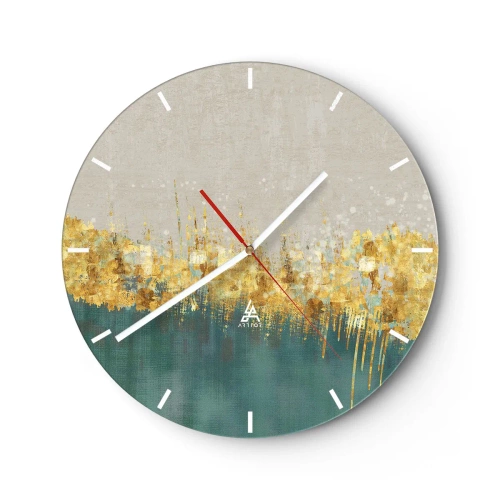 Wall clock - Clock on glass - A golden abstract line separating the background from the greenery - 30x30cm - Golden Border - Modern wall decoration for the living room, kitchen, and bedroom ARTTOR