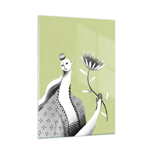 Glass picture - Modernist Portrait - Holding a FLower - 50x70 cm