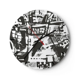 Wall clock - Clock on glass - Black and white abstract pattern with geometric shapes - 30x30cm - Order or Chaos? - Modern wall decoration for the living room, kitchen, and bedroom ARTTOR