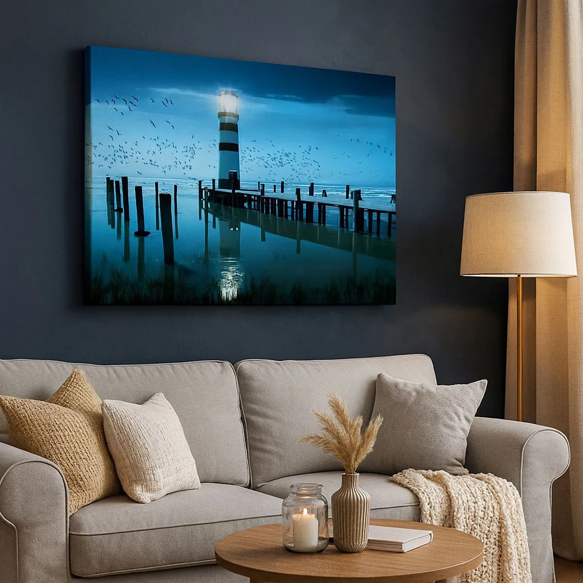 Canvas picture - The lighthouse at the pier illuminated at night - 70x50cm - And You Are Not Afraid of Darkness - Modern wall decoration for the living room and bedroom ARTTOR