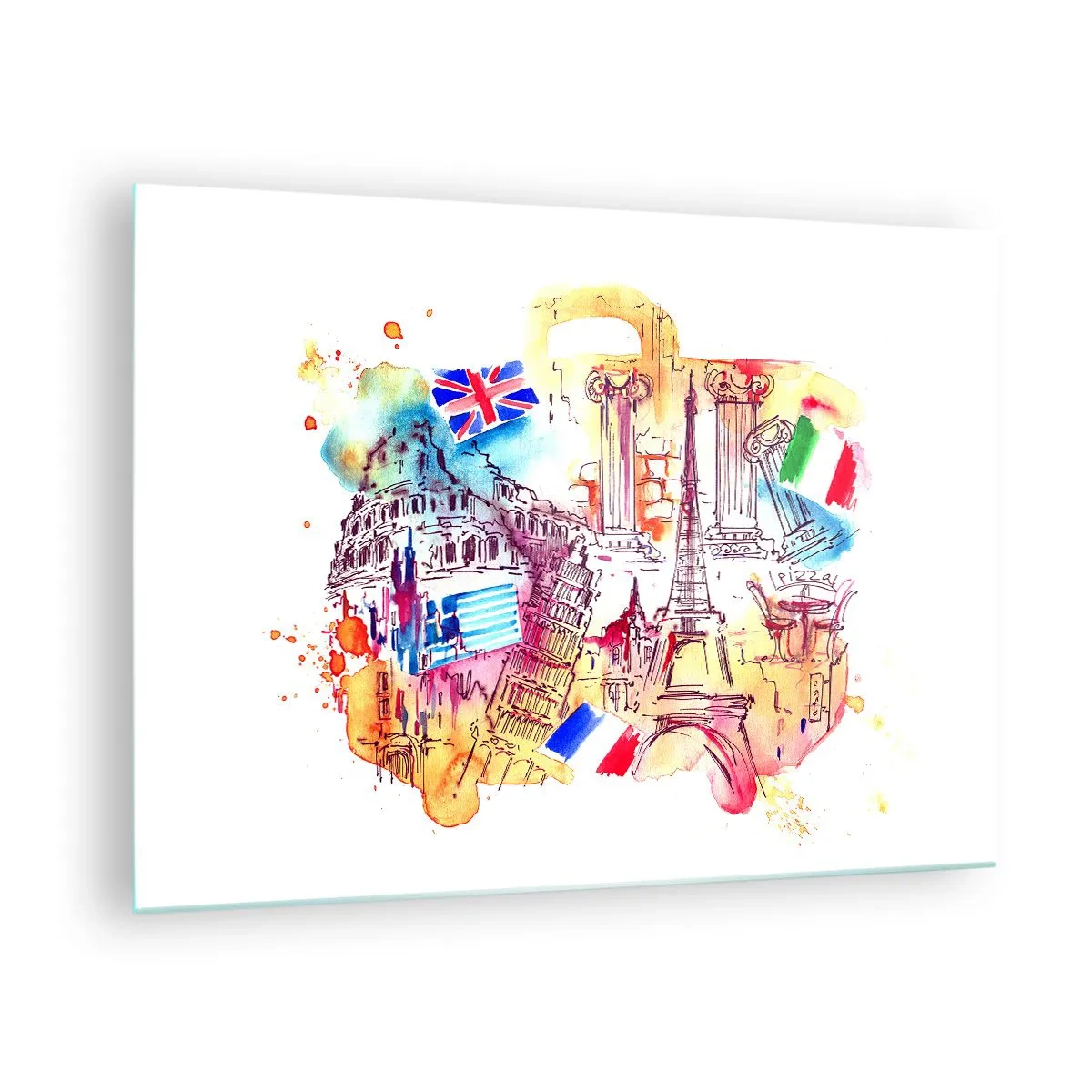 Glass picture - Watercolor of European monuments with country flags - 70x50cm - European Tour - Modern wall decoration for the living room and bedroom ARTTOR