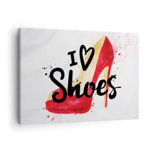 Canvas picture - Red stiletto with the inscription I love Shoes on a white background - 70x50cm - Love Has Many Names - Modern wall decoration for the living room and bedroom ARTTOR