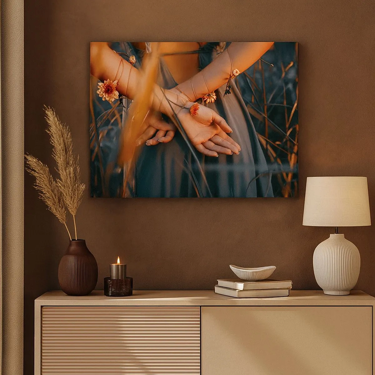 Canvas picture - Sensual hands with flowers in a natural setting - 70x50cm - Connected with Nature - Modern wall decoration for the living room and bedroom ARTTOR