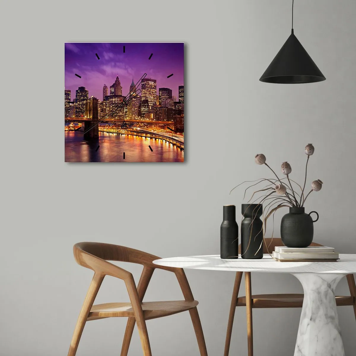 Wall clock - Clock on glass - Violet and Gold Manhattan - 30x30 cm