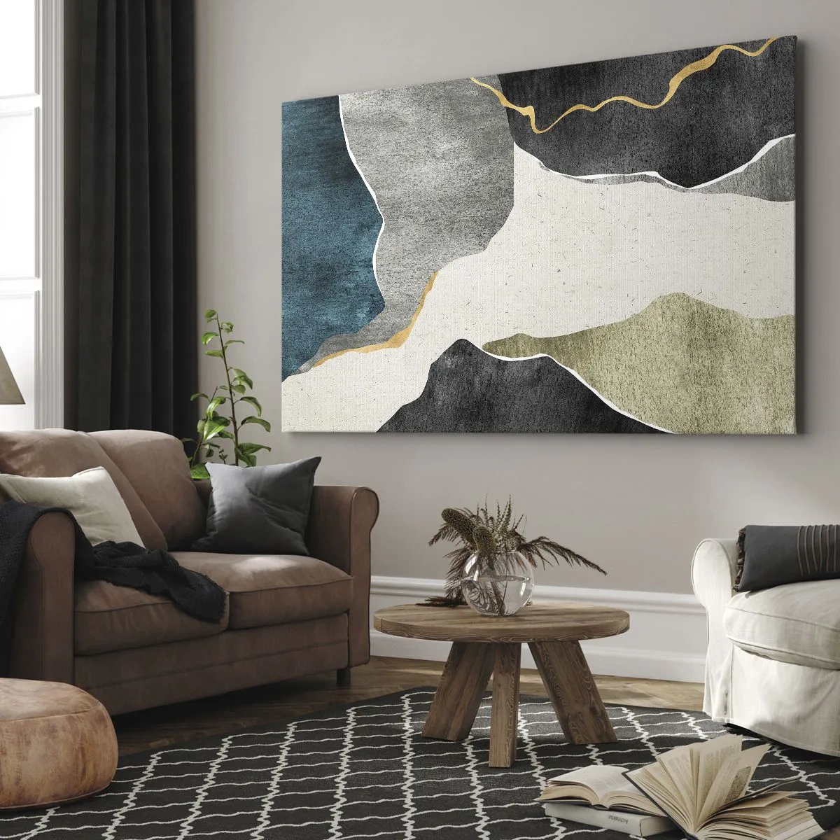 Canvas picture - Geometric forms in shades of gray, green and gold - 70x50cm - Mosaic Composition with a Gold Thread - Modern wall decoration for the living room and bedroom ARTTOR