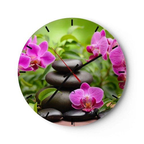 Wall clock - Clock on glass - Black stones and pink orchids against a green background - 30x30cm - Pyramid of Peace - Modern wall decoration for the living room, kitchen, and bedroom ARTTOR
