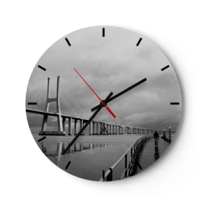 Wall clock - Clock on glass - A bridge with a cyclist on the path on a rainy day - 30x30cm - To Each His Own - Modern wall decoration for the living room, kitchen, and bedroom ARTTOR