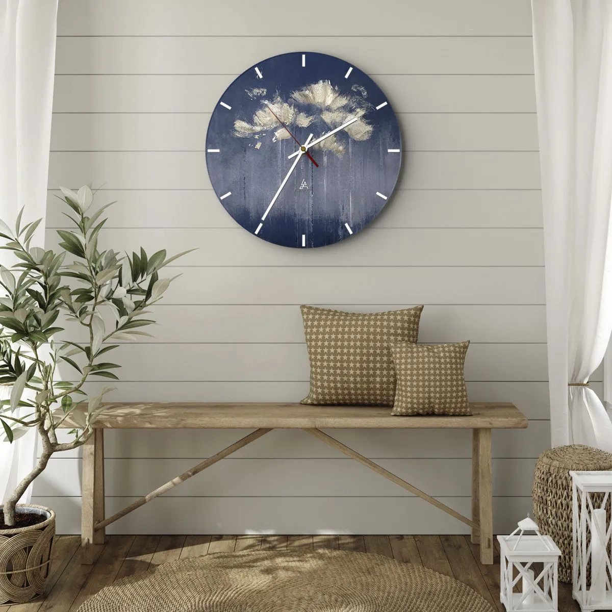 Wall clock - Clock on glass - Golden abstract strokes on a dark blue background - 30x30cm - Like Flakes in the Wind - Modern wall decoration for the living room, kitchen, and bedroom ARTTOR