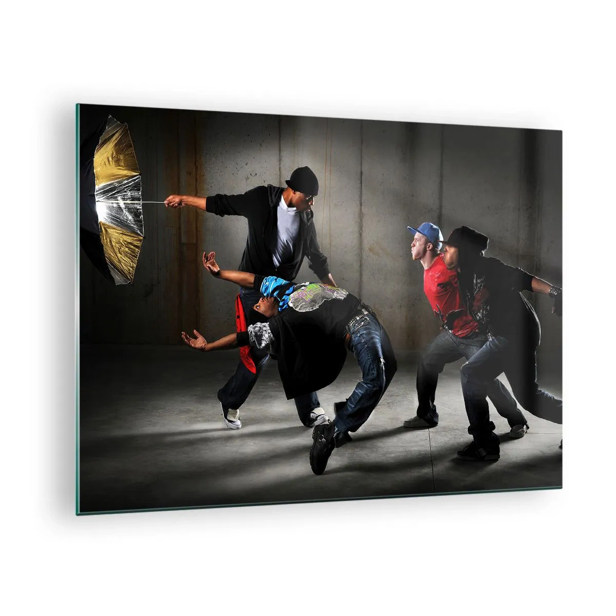 Glass picture - A group of dancers in a dynamic pose against an industrial background. - 70x50cm - Dancing with Street Wind - Modern wall decoration for the living room and bedroom ARTTOR