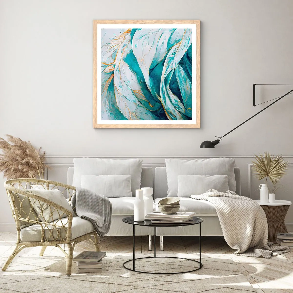 Poster in light oak frame - Blue Abstract with a Golden Motif - 40x40 cm
