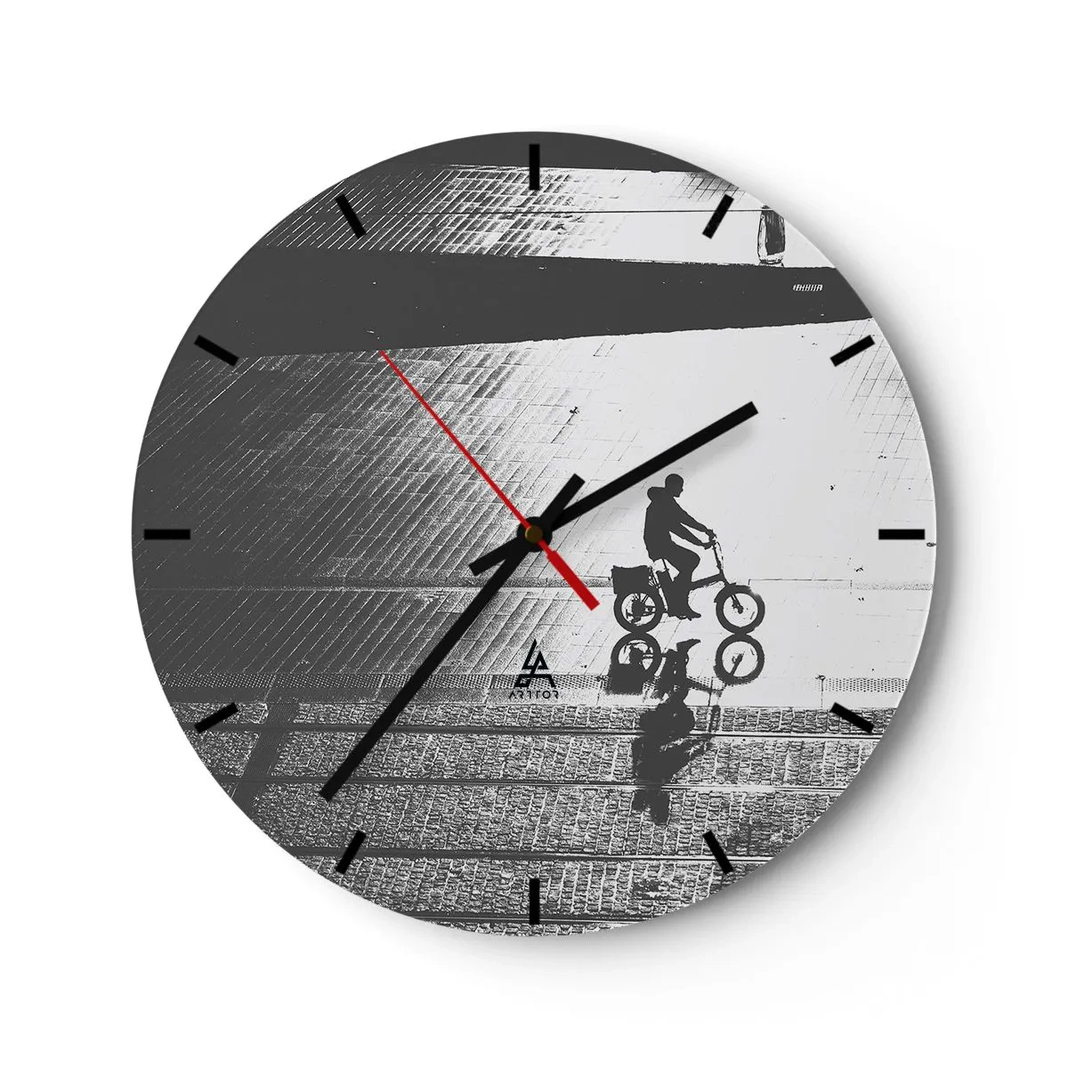 Wall clock - Clock on glass - black and white silhouette of a cyclist and his reflection in a puddle. - 30x30cm - Straight ahead, through the City - Modern wall decoration for the living room, kitchen, and bedroom ARTTOR