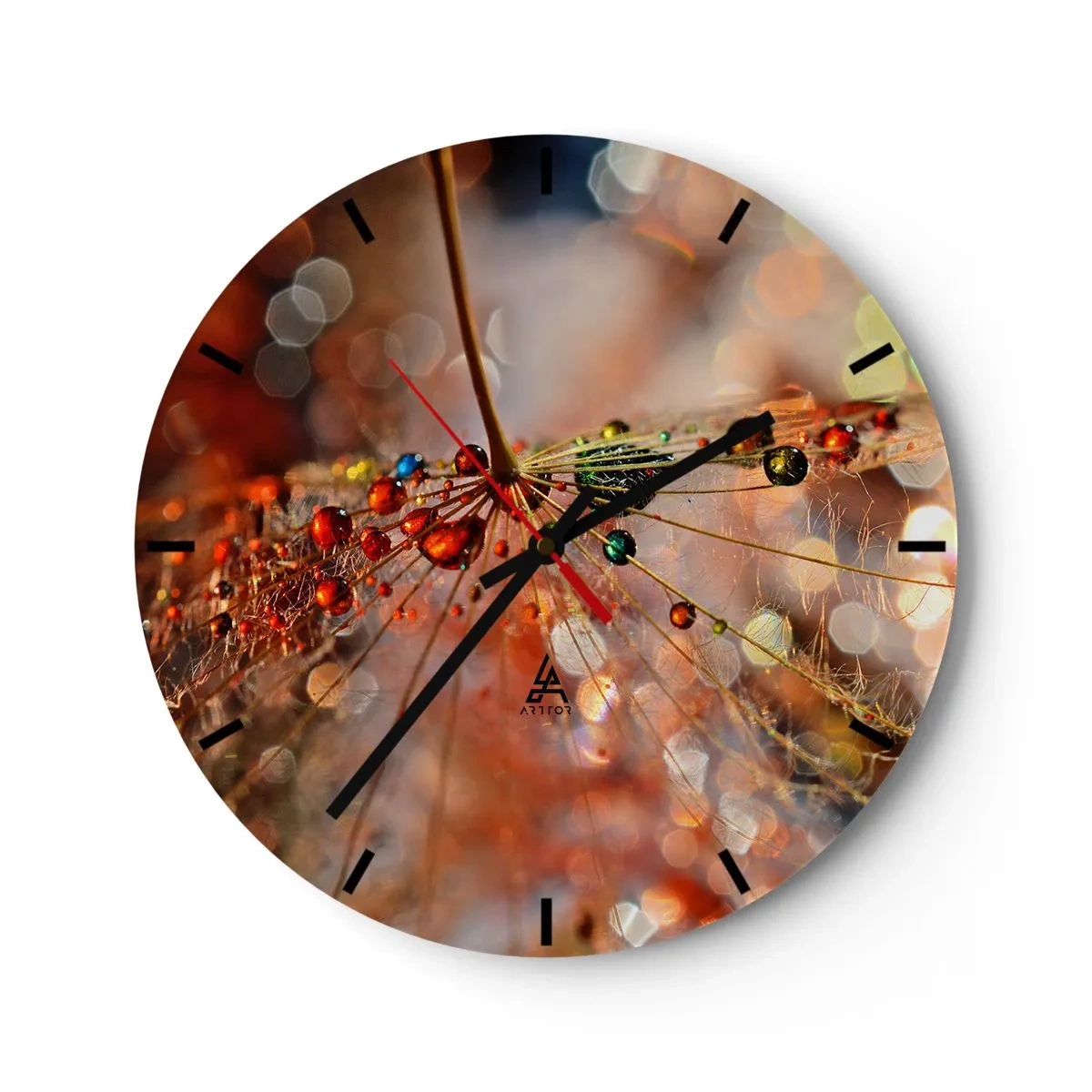 Wall clock - Clock on glass - Dewdrops on spiderweb in the morning light - 30x30cm - Strung on a Spider's Web - Modern wall decoration for the living room, kitchen, and bedroom ARTTOR