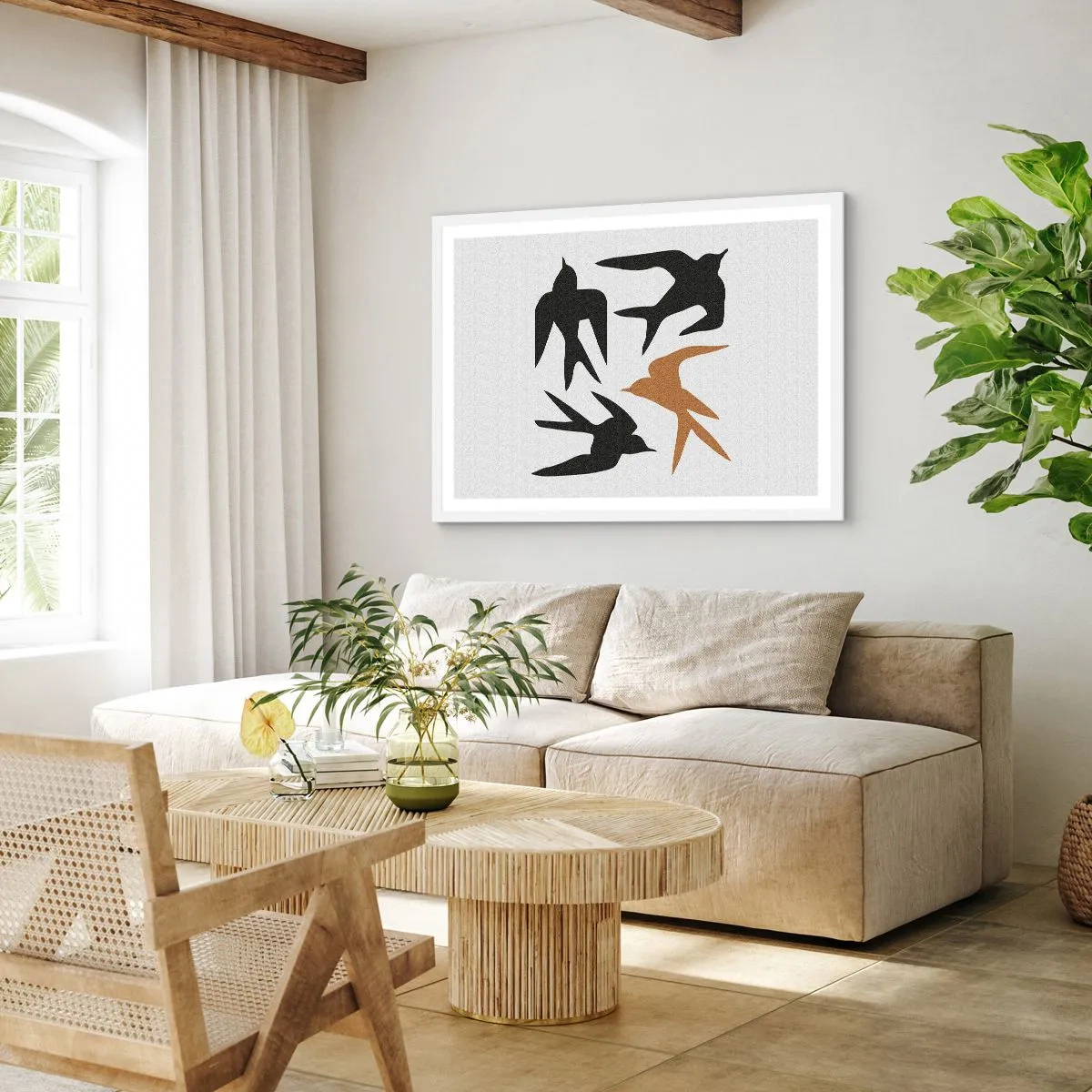 Poster in white frmae - Swallows at Play - 50x40 cm