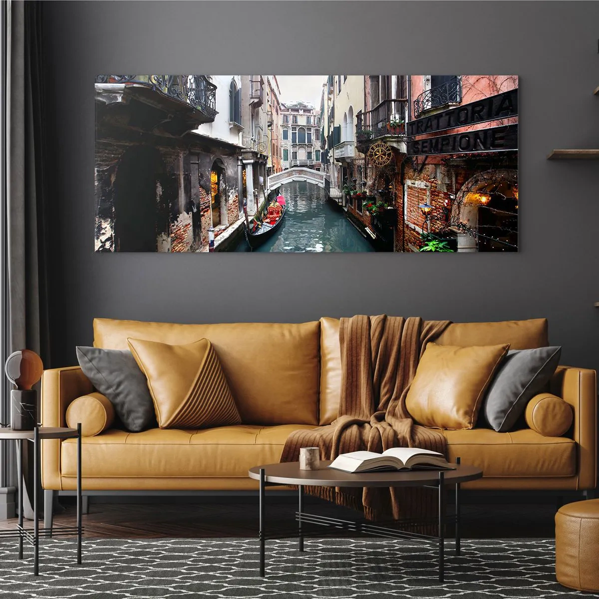 Glass picture - Venetian View with a Gondola and a Bridge - 120x50 cm