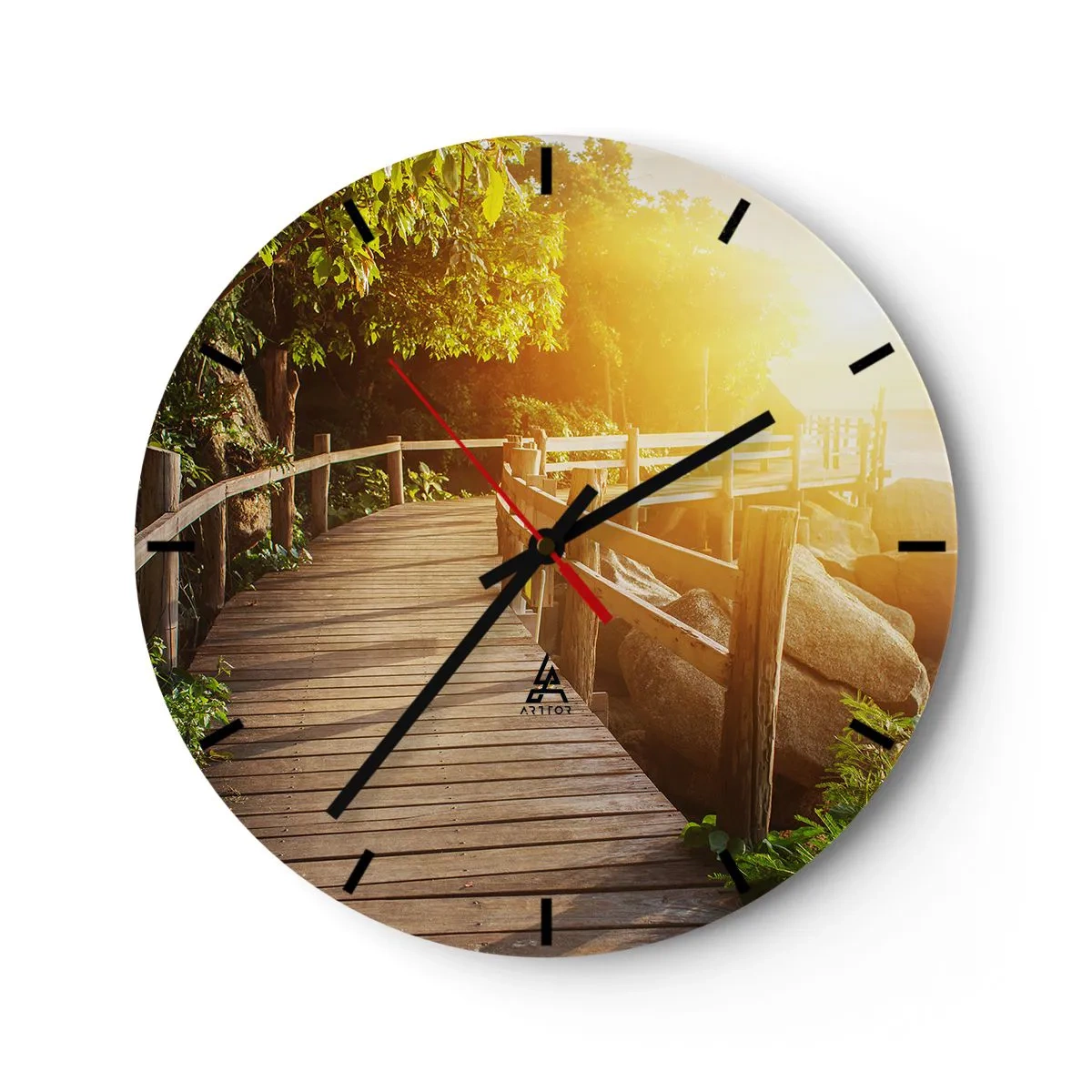 Wall clock - Clock on glass - A wooden path among greenery in the rays of the sun - 30x30cm - Another Bend, New Wonders - Modern wall decoration for the living room, kitchen, and bedroom ARTTOR