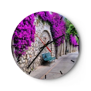Wall clock - Clock on glass - A street with a stone wall and purple flowers - 30x30cm - Let's Meet - Modern wall decoration for the living room, kitchen, and bedroom ARTTOR