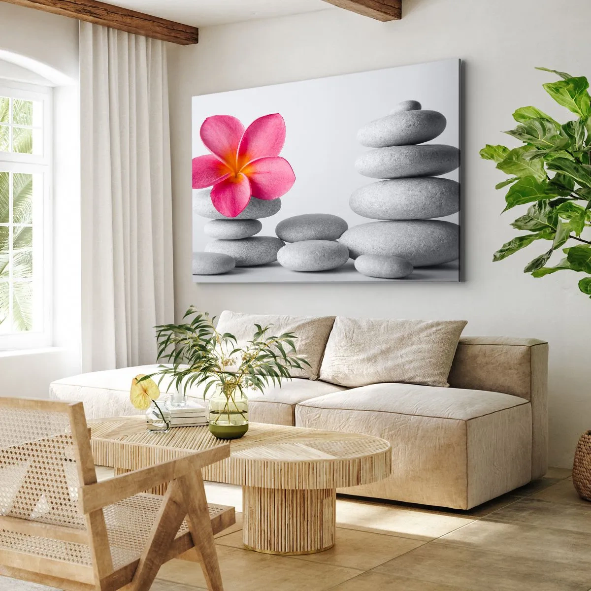 Canvas picture - Pink flower on zen style stones - 70x50cm - Stone on Stone - Modern wall decoration for the living room and bedroom ARTTOR