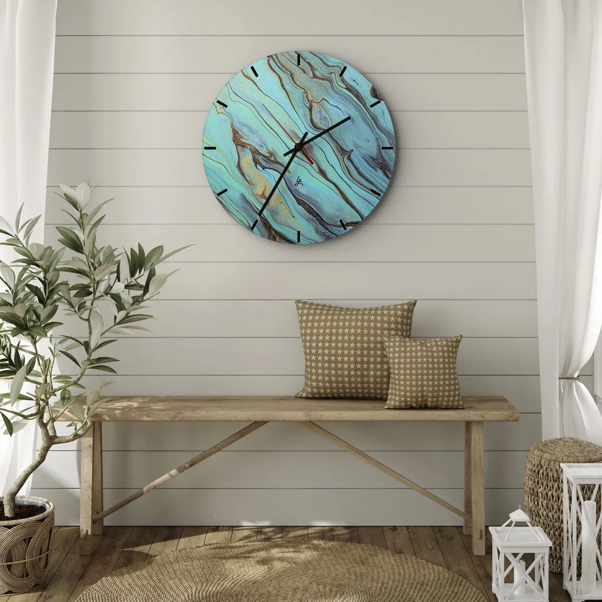 Wall clock - Clock on glass - Turquoise and gold marbled waves - 30x30cm - Turquoise Tide - Modern wall decoration for the living room, kitchen, and bedroom ARTTOR