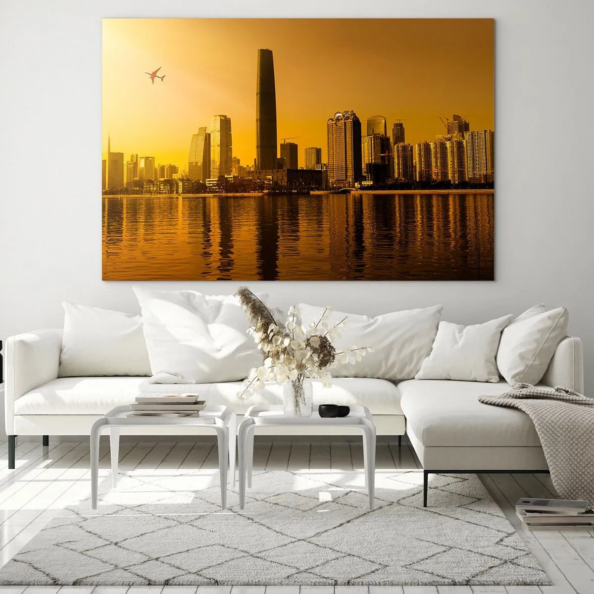 Glass picture - A modern city with skyscrapers at sunset - 70x50cm - Golden City - Modern wall decoration for the living room and bedroom ARTTOR
