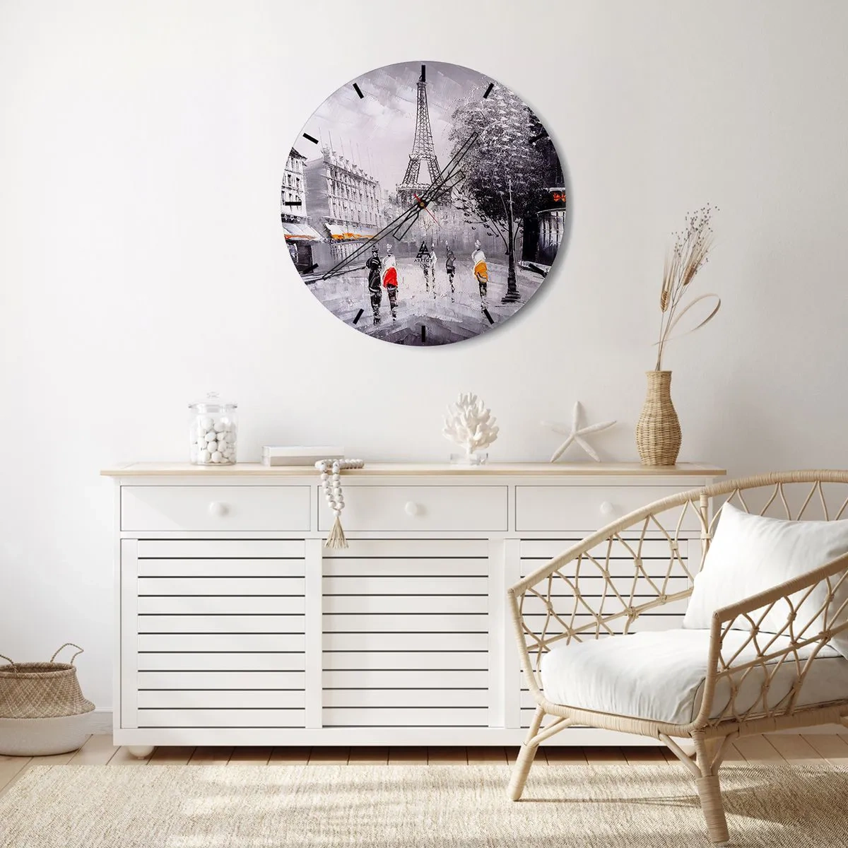 Wall clock - Clock on glass - A street in Paris with the Eiffel Tower in the background - 30x30cm - Parisian Walk - Modern wall decoration for the living room, kitchen, and bedroom ARTTOR