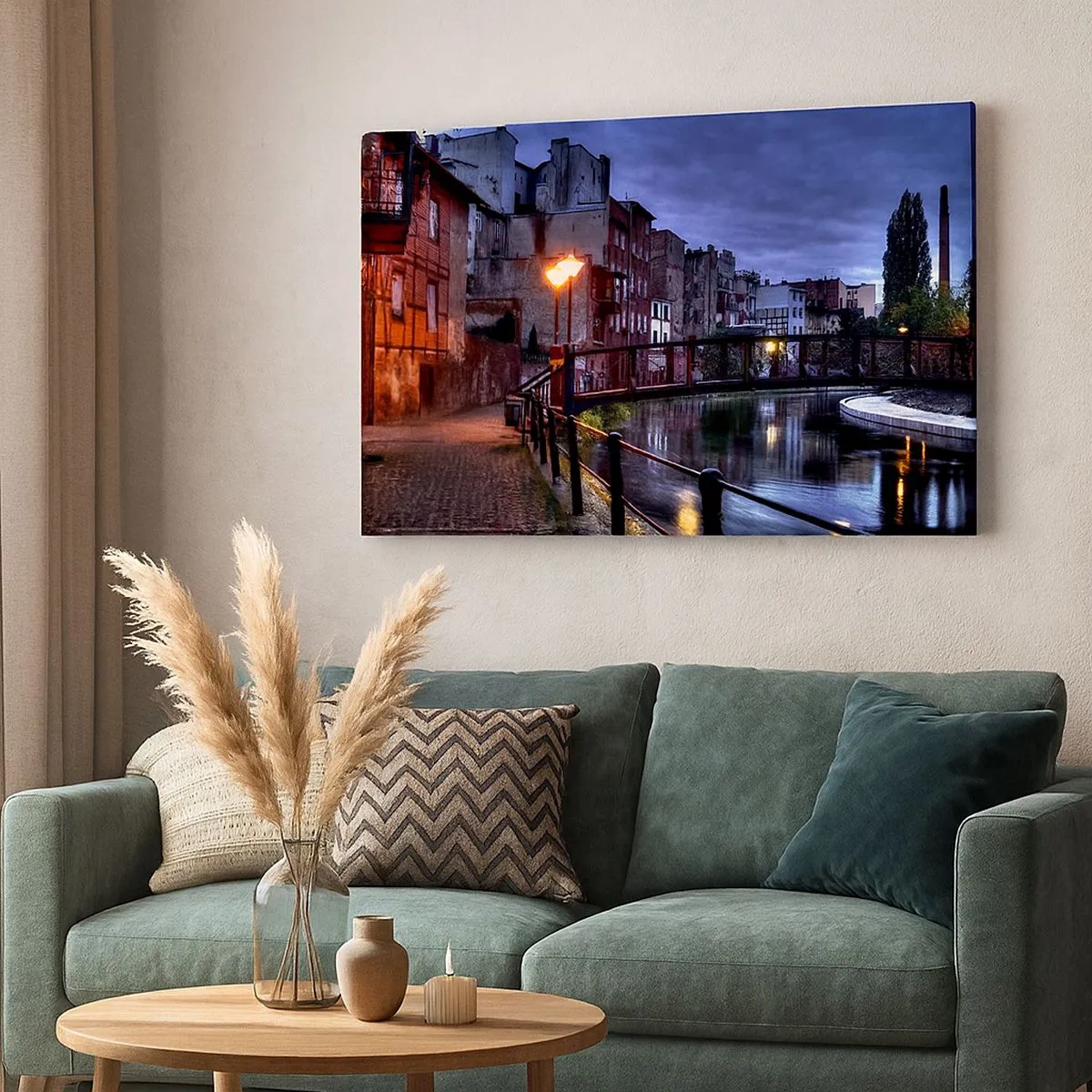 Canvas picture - Evening view of the tenement houses and the bridge over the canal - 70x50cm - Bydgoszcz You Did Not Know - Modern wall decoration for the living room and bedroom ARTTOR