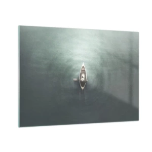 Glass picture - A lonely boat drifting on a calm, greenish lake - 70x50cm - Through Moon Lake - Modern wall decoration for the living room and bedroom ARTTOR