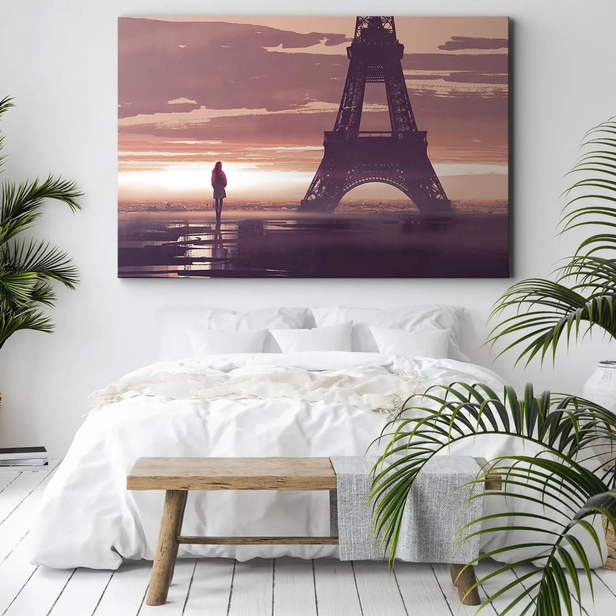 Canvas picture - A figure looking at the Eiffel Tower in the light of the setting sun - 70x50cm - Only Them Two - Modern wall decoration for the living room and bedroom ARTTOR