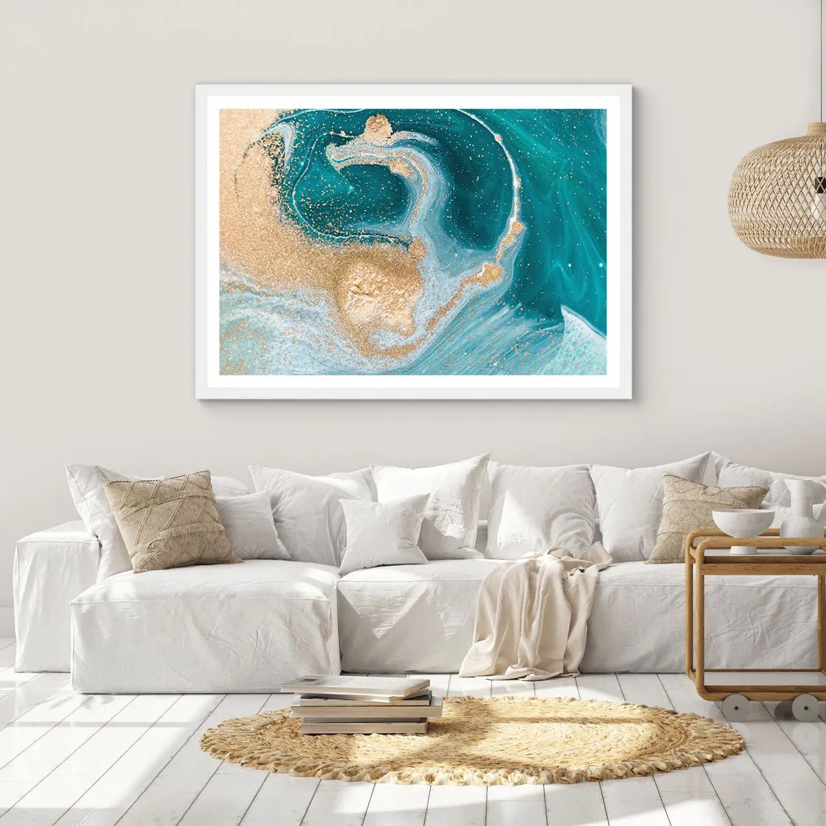 Poster in white frmae - Swirl of Gold and Turquiose - 50x40 cm