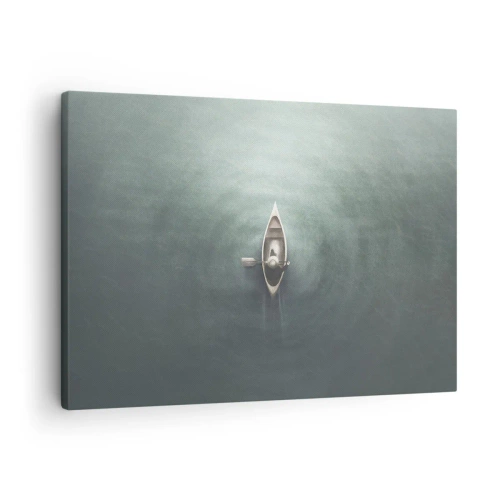 Canvas picture - A lonely boat on calm water in a minimalist setting - 70x50cm - Through Moon Lake - Modern wall decoration for the living room and bedroom ARTTOR