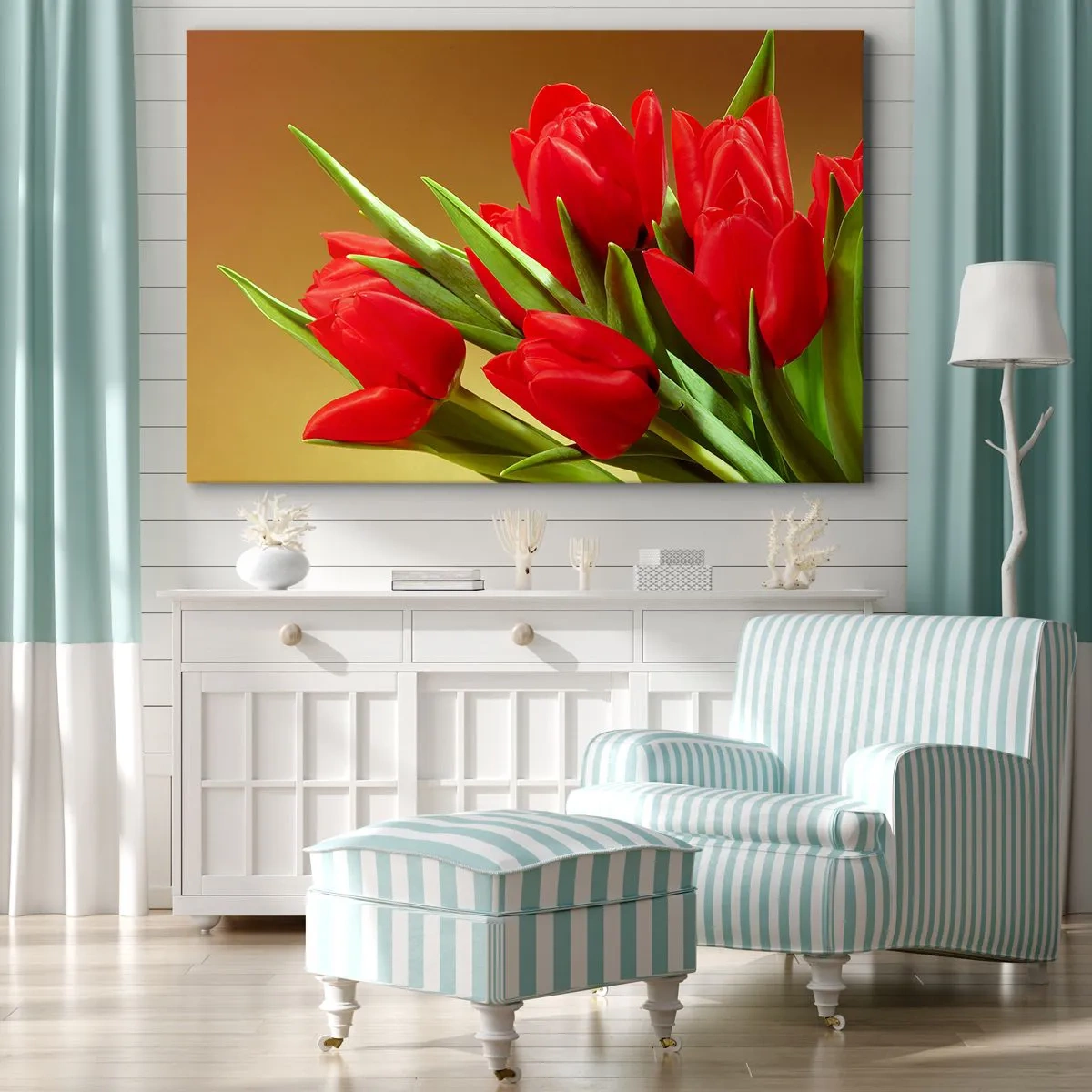 Canvas picture - bouquet of red tulips on a gold background with green leaves. - 70x50cm - Bunch of Spring Joy - Modern wall decoration for the living room and bedroom ARTTOR