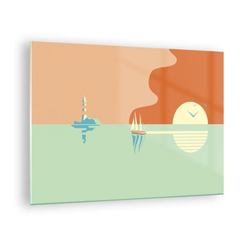 Glass picture - A minimalist sunset with a sailboat and a lighthouse - 70x50cm - Ideal Sea Landscape - Modern wall decoration for the living room and bedroom ARTTOR
