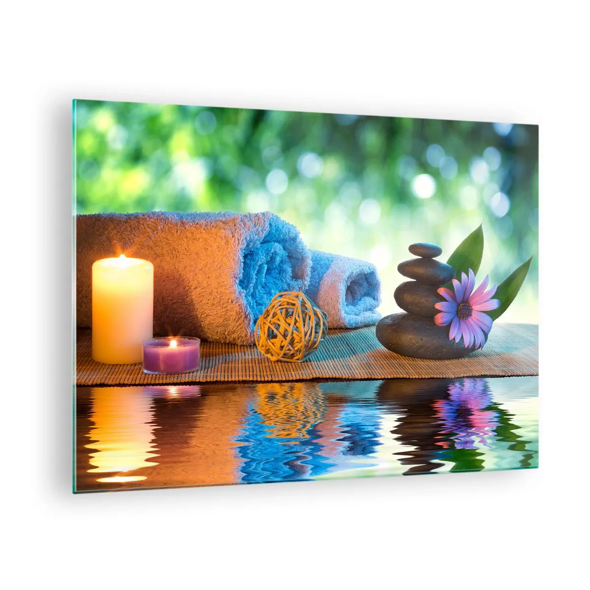 Glass picture - Spa with towels, candles, and stones against a natural backdrop - 70x50cm - Time for the Body - Modern wall decoration for the living room and bedroom ARTTOR