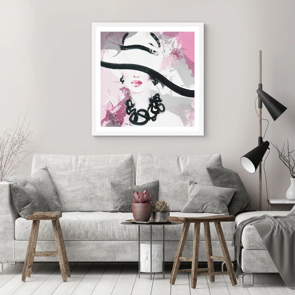 Poster in white frmae - Portrait of a Lady in Black and Pink - 30x30 cm
