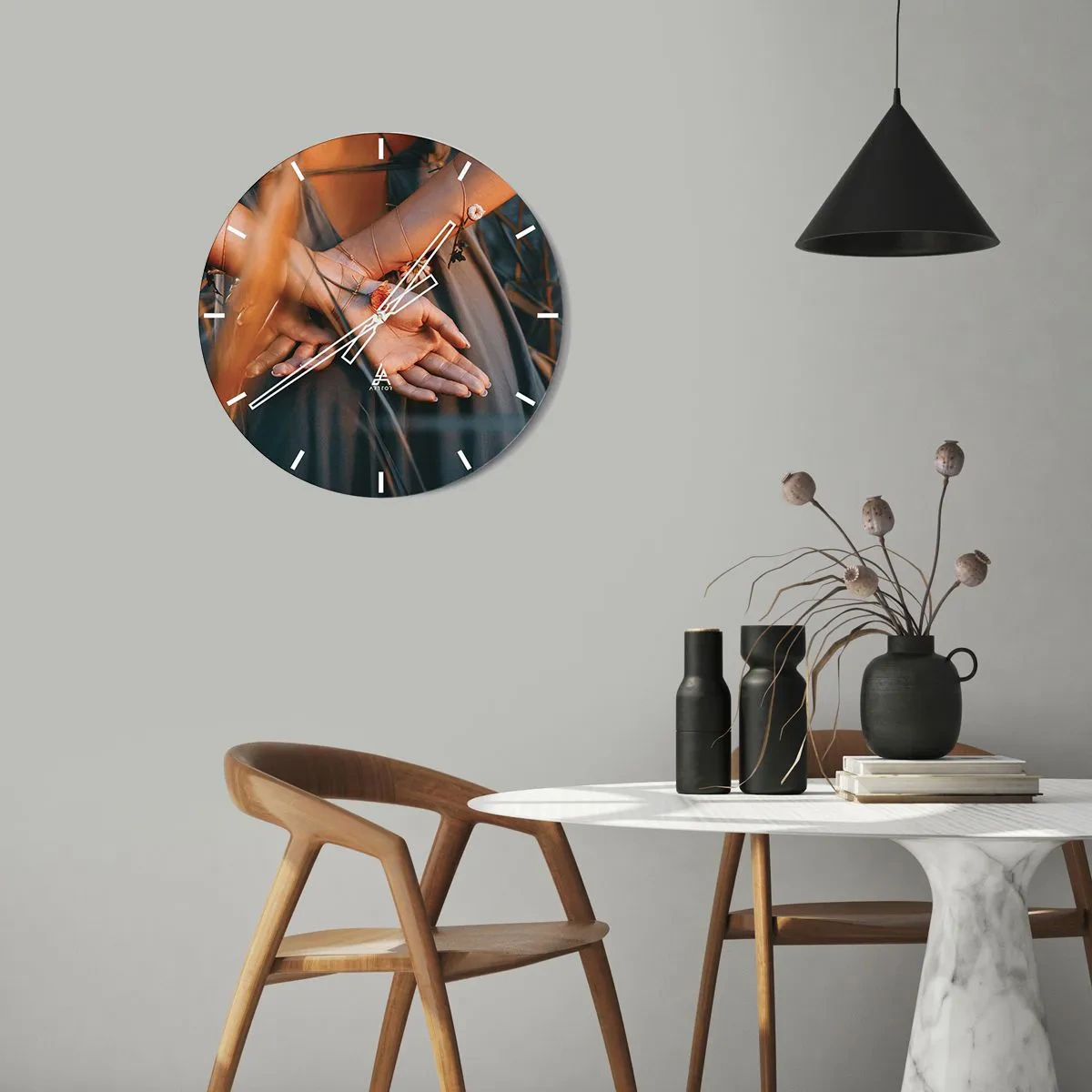 Wall clock - Clock on glass - Close-up of clasped hands entwined with plants - 30x30cm - Connected with Nature - Modern wall decoration for the living room, kitchen, and bedroom ARTTOR